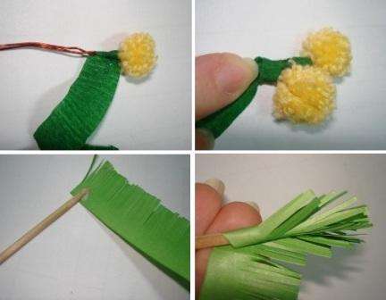 La meilleure option pour le diamètre de la boule est jusqu'à 1,5 cm, de sorte qu'elle ressemble à un mimosa. Vous pouvez collecter un brin de mimosa à partir de 7 à 12 boules. Commencez par créer tous les blancs, puis connectez-les en les enveloppant dans du papier ondulé vert. Fixez le papier avec de la colle pour recouvrir complètement le fil.