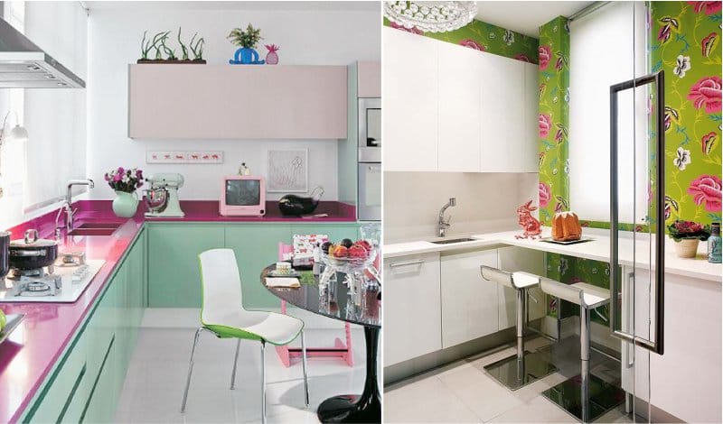Combinația de roz și verde în interiorul bucătăriei
