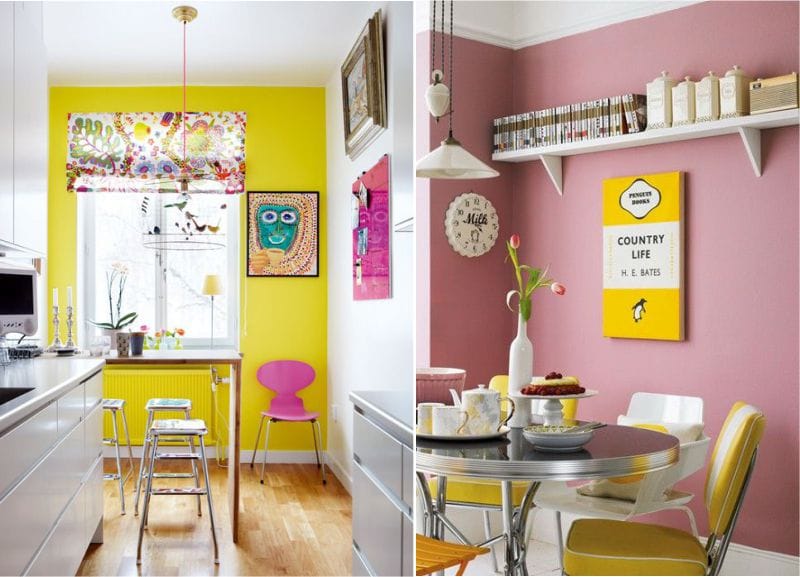 Combinația de roz și galben în interiorul bucătăriei