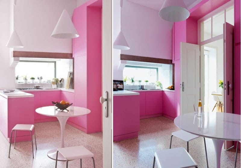 Bucătărie albă și roz într-un stil modern