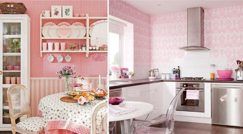 Tapet roz în interiorul bucătăriei