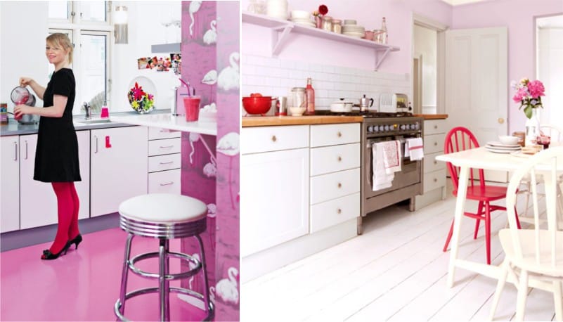 Interiorul bucătăriei în tonuri roz cu un ton rece