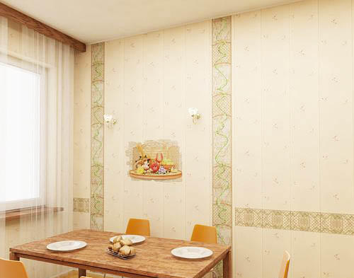 Utilizarea panourilor din PVC pe pereții bucătăriei va adăuga caracteristică camerei, deoarece spălarea unor astfel de pereți este la fel de ușoară ca decojirea perelor