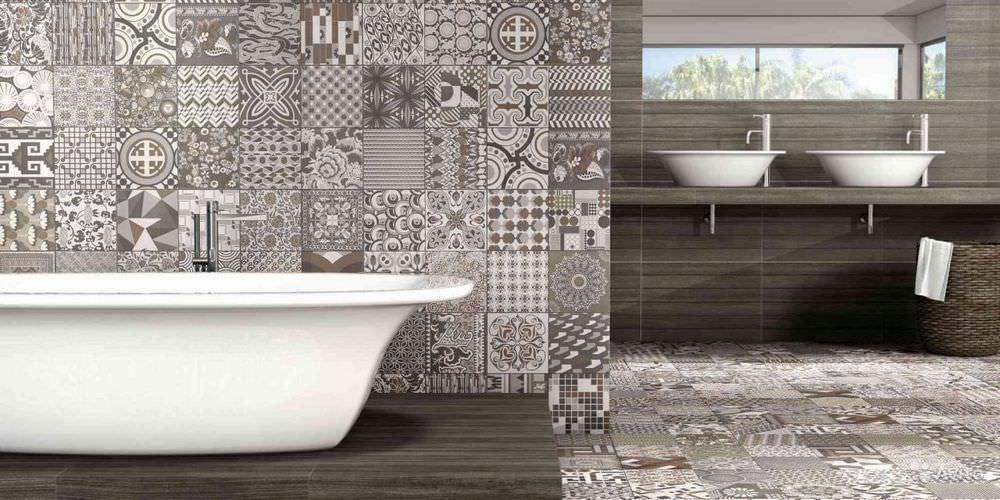 Tilavassa kylpyhuoneessa tämän tyylillisen suunnan laattoja voidaan käyttää pintojen visuaaliseen yhdistämiseen.