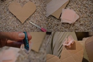 Nous découpons deux cœurs dans du carton épais et les collons ensemble pour que le produit soit dense et conserve bien sa forme.