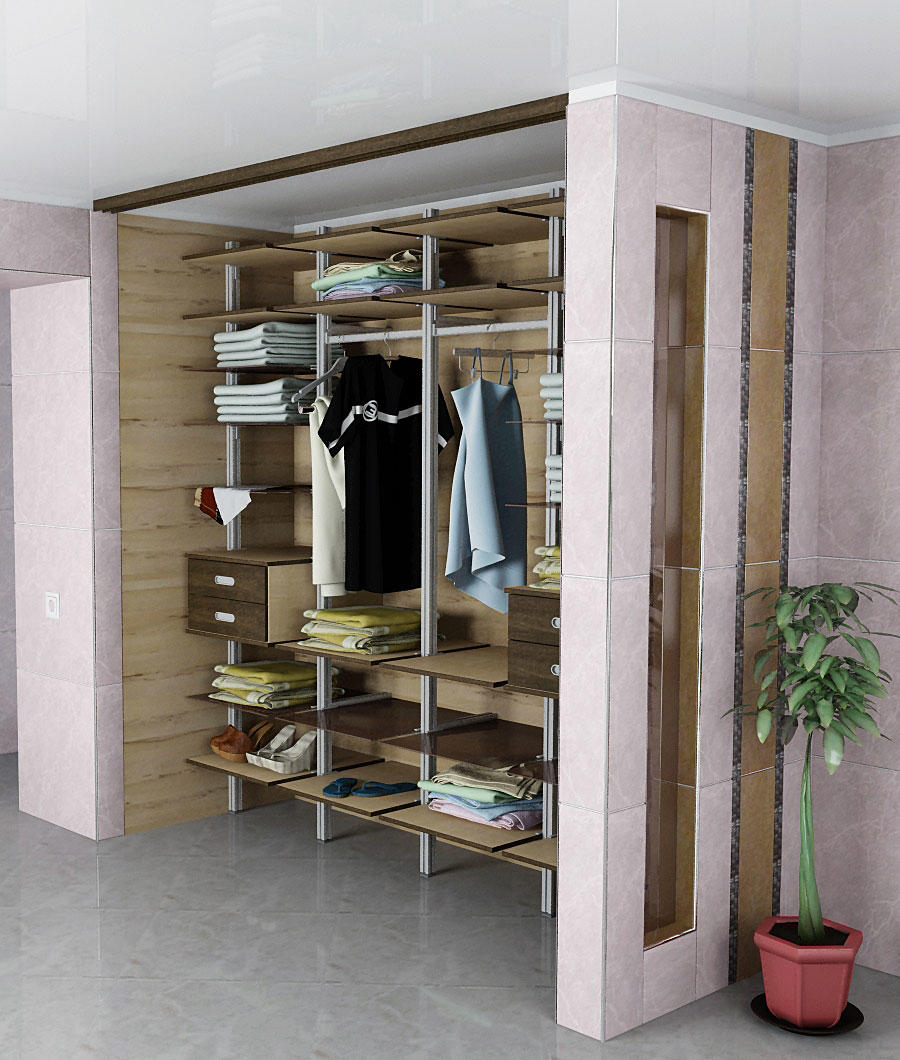 Pienessä huoneessa pukuhuone voidaan sijoittaa huoneiden väliseen käytävään.