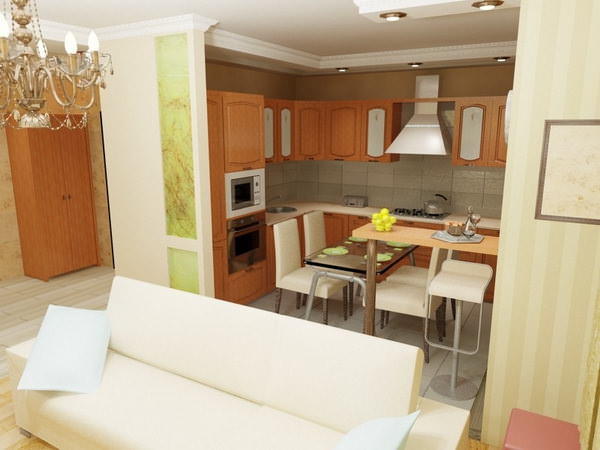 Ett kök kombinerat med ett vardagsrum låter dig spara på köp av en extra TV, som i fallet med ett isolerat kök