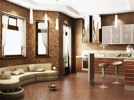 Genom att kombinera köket med vardagsrummet kan du visuellt öka utrymmet i rummet och göra det mer funktionellt