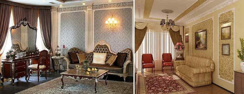 Färgen på tapeten måste definitivt matcha de klassiska möblerna. Till skillnad från många moderna trender, i traditionell stil, är experiment inte så starkt uppmuntrat.