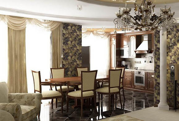 Pentru o bucătărie-sufragerie combinată cu un living, stilul clasic este ideal