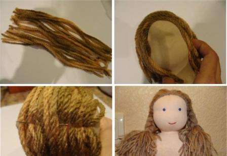È necessario tagliare i fili alla stessa lunghezza, quindi cucirli al centro e cucire alla testa. Non dimenticare di cucire i capelli in un cerchio in seguito in modo che siano ben fissati alla testa.