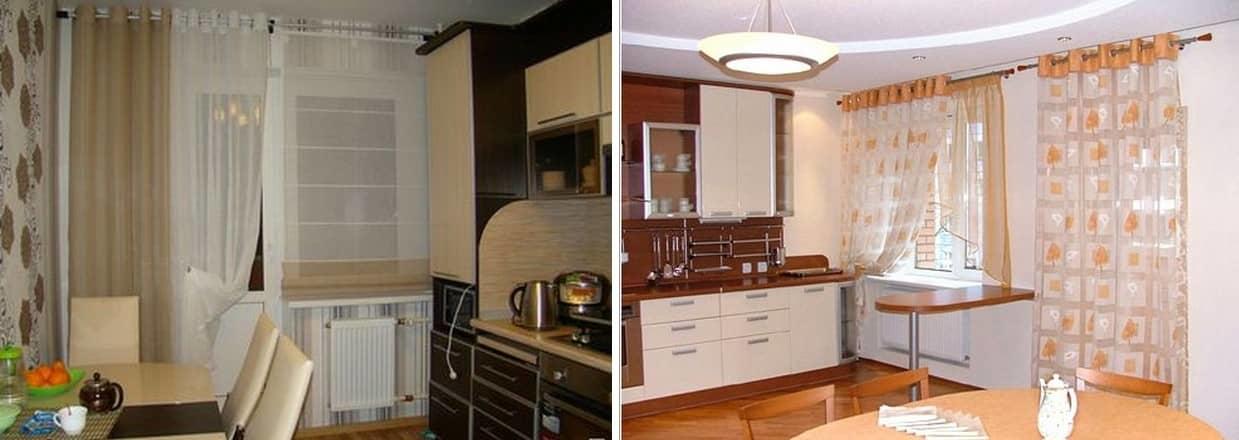 Design och utseende av gardiner för ett kök med balkong kan kombineras med olika typer av tyg