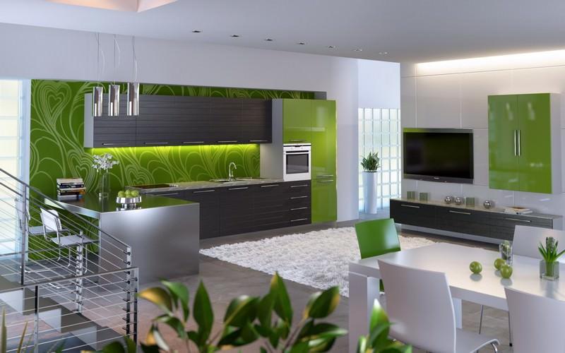 Kombinerat kök i gröna toner - ett utrymme med en avkopplande, balanserad atmosfär