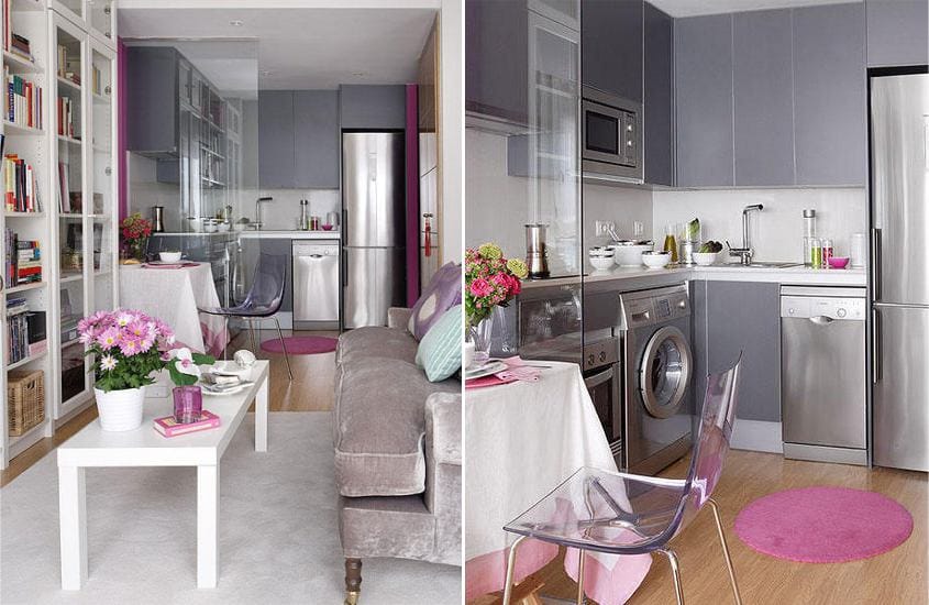 Szürke konyha lila és rózsaszín ékezetekkel