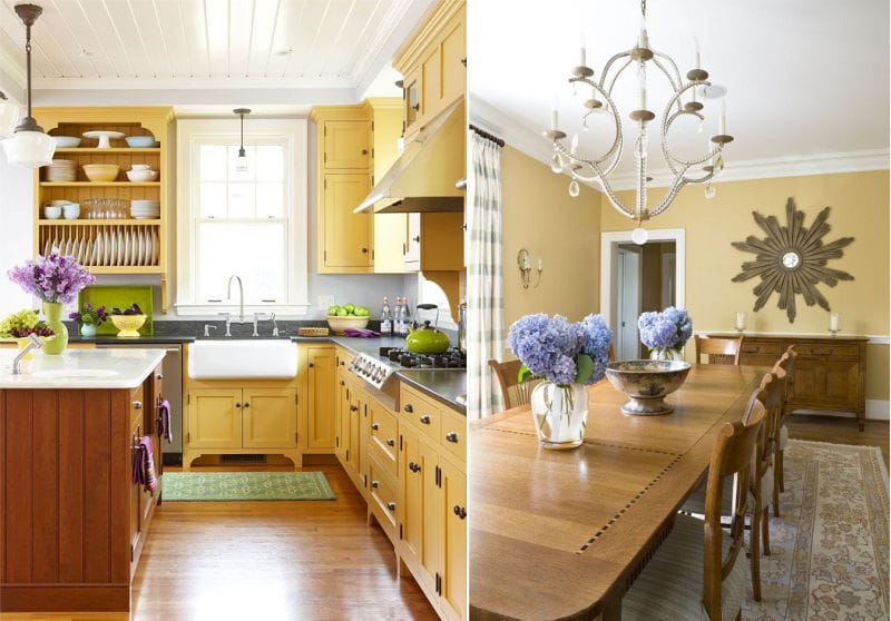 Bucătărie galbenă și sufragerie în stil clasic