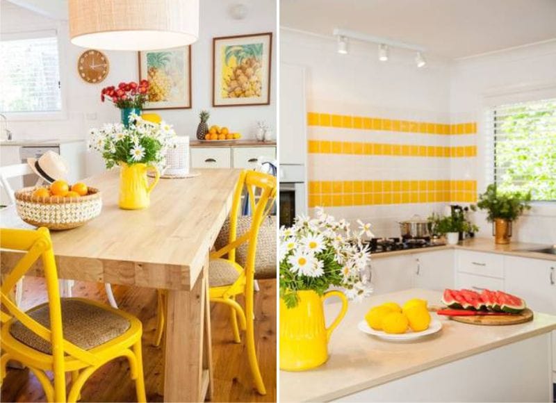 Bucătărie în stil rustic galben și alb