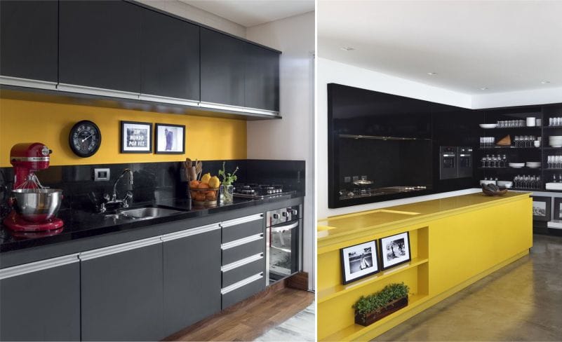 Combinația de galben și negru în interiorul bucătăriei