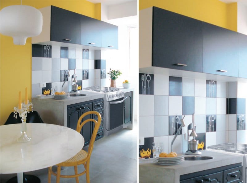 Combinația de galben și negru în interiorul bucătăriei